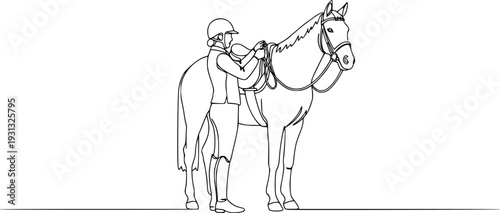 Equestrian Rider Preparing Horse – Horse Riding Line Art Vector Illustration