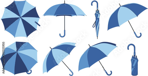 Blue Umbrella Icon Set Featuring Open Closed and Folded Parasols in Different Angles for Weather Forecast Seasonal Rain Protection and Fashion Accessory Graphic Designs
