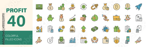Collection of colorful business and finance icons displayed on a clean background