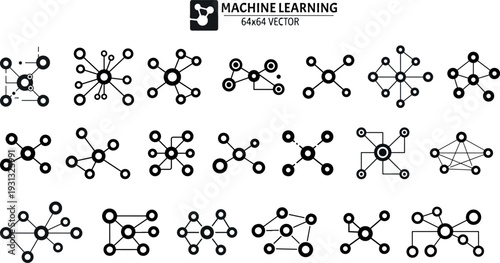 Minimalist Machine Learning Nodes and Neural Network Connections Vector Icon Set