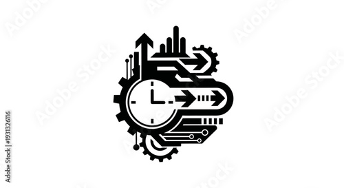 Clock with arrows and gear icons.