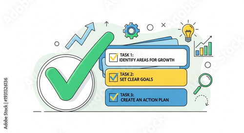 Business strategy concept with green checkmark and tasks to identify growth areas set goals and create action plan