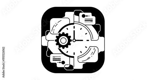 Clock with gear and icons.