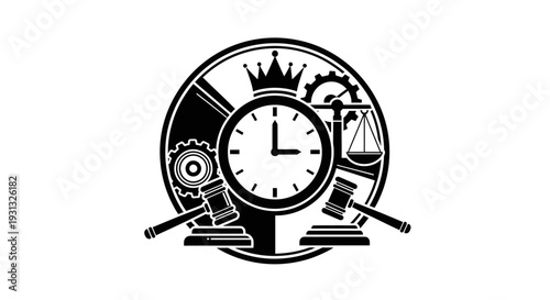 Clock with law and justice symbols.
