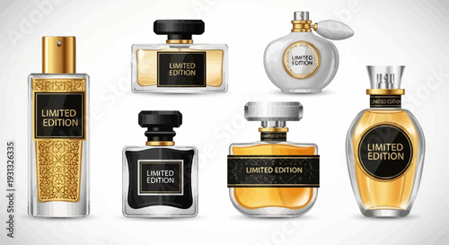 Collection of luxury perfume bottles.