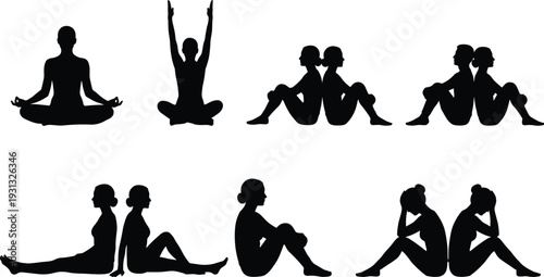 Yoga meditation silhouette women set, fitness stretching poses collection, healthy lifestyle exercise, mindfulness balance relaxation training black vector illustration isolated