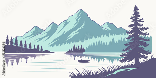  Calm Lake Mountain Reflection Flat Colorful Vector Illustration