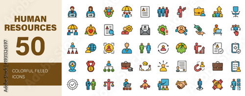 Collection of diverse human resources icons representing various professions and roles in a modern workplace setting