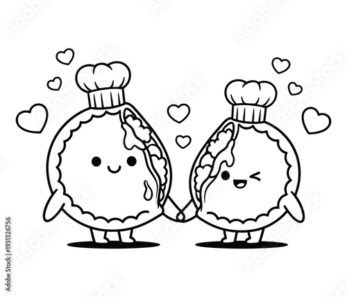 Cute Empanada Couple Line Drawing, Black and White Cartoon, Chef Hat Characters, Heart Love Illustration, Winking and Happy Tear, Digital Coloring Page