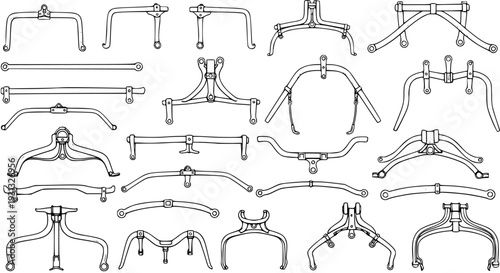 Detailed Line Art Drawing Set of Vintage Agricultural Metal Components and Yokes - Antique Farm Equipment Parts Engineering Illustrations