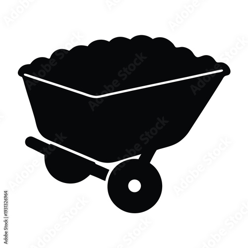 Black silhouette of a wheelbarrow full of something on a white background
