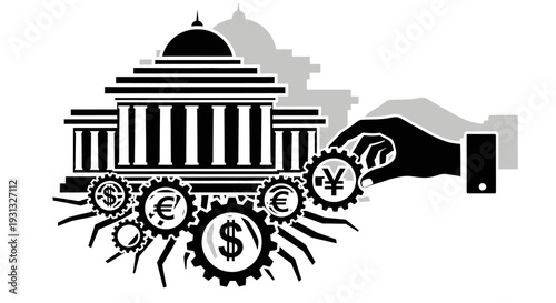 Hand holding currency symbols gears.