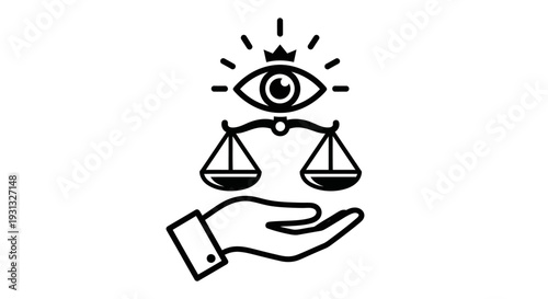 Hand holding scales with eye above.