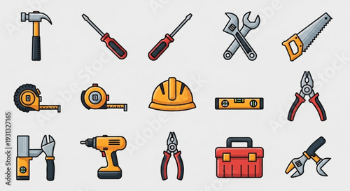 Collection of various construction and repair tools on a gray background including hand tools and power tools for diy projects and professional use