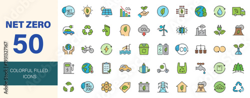 Collection of colorful icons representing net zero concepts and sustainable practices displayed on a clean white background from a straightforward viewpoint