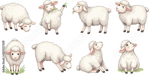 Cute Cartoon Sheep and Lamb Character Set with Fluffy White Wool in Various Poses for Nursery Decor, Childrens Books, and Eid al-Adha Greeting Designs