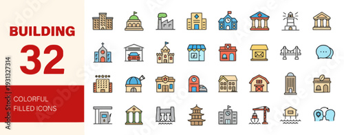 Collection of colorful building icons displayed in a grid on a plain background from a straightforward viewpoint