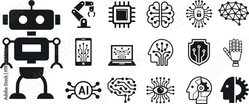 Artificial Intelligence and Robotics Icons Set.