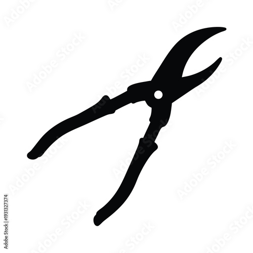 Black silhouette of metal cutting pliers on a stark white background image