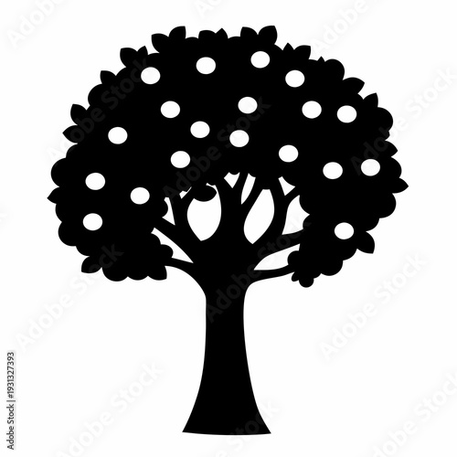 Stylized Silhouette Illustration of a Fruit Bearing Tree with Round Fruits