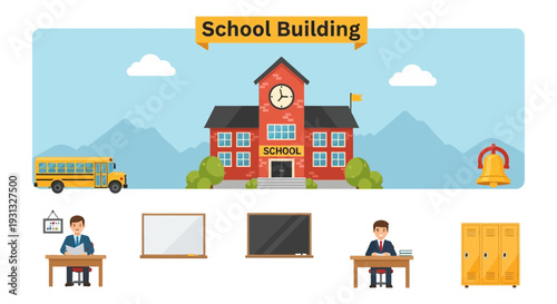 School Building With Kids Studying Inside.