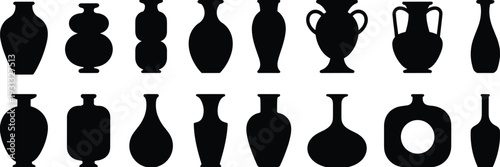 Vase silhouette collection, decorative pottery vector illustration, traditional shapes, artistic design icons, ceramic diversity, black outline, antique style, home decor