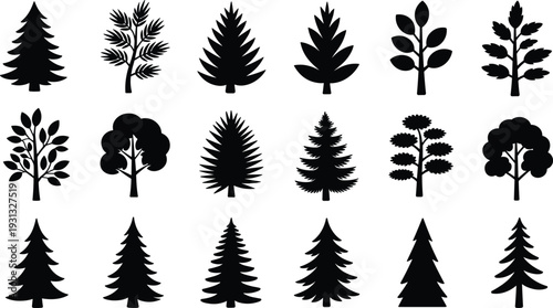 Tree silhouettes collection, diverse foliage patterns, botanical illustration, forest design, nature concept, woodland diversity, plant shapes, environmental art, landscape inspiration