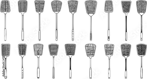 Hand-drawn line art collection of vintage fly swatters and insect paddles in various designs on white background
