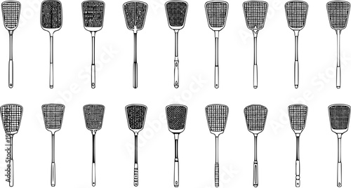Collection of vintage-style fly swatters, diverse designs in black and white line art illustration set