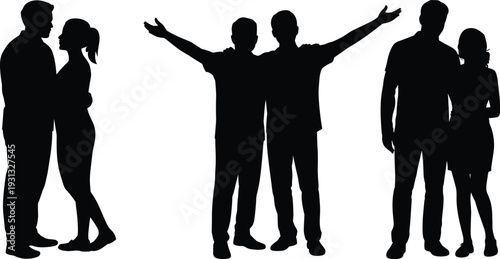 Couple silhouette illustration set, romantic love poses, joyful celebration gesture, intimate relationship design, black vector art, emotional connection