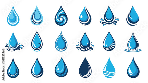 Collection of Blue Water Droplets and Splash Icons.