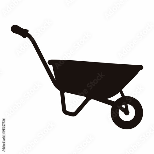 Simple Black Silhouette of a Wheelbarrow with Single Wheel on White Background
