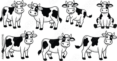 Cute Spotted Dairy Cow Character Set with Various Poses Including Standing Sitting and Walking for Farm Life Dairy Industry and Childrens Educational Vector Designs