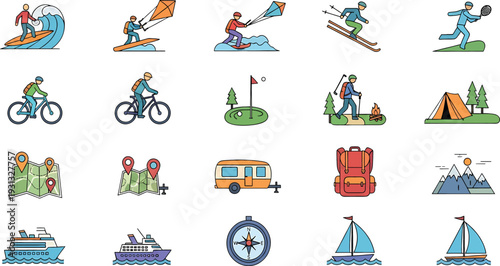 Collection of diverse outdoor adventure and sports activities icons.