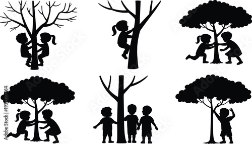 Children Playing Around Trees Silhouette Collection, Kids Climbing Hiding Scene, Outdoor Nature Black Vector Illustration Isolated