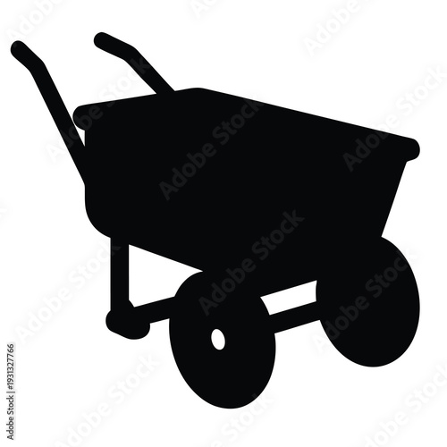Silhouette of a two wheeled wheelbarrow, commonly used for gardening and construction
