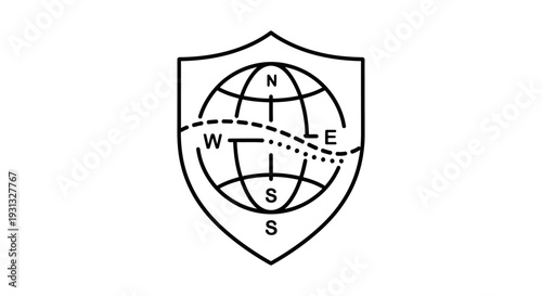 Shield with globe and compass directions.