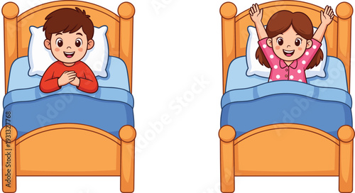 Children sleeping and waking up, cute kids in bed illustration, cartoon vector isolated background design