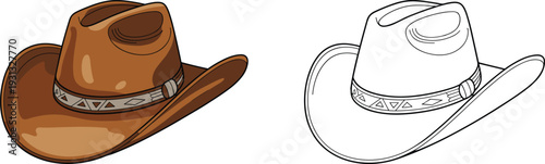 Classic cowboy hat illustration and outline vector, western style headwear design isolated on white background, flat graphic template