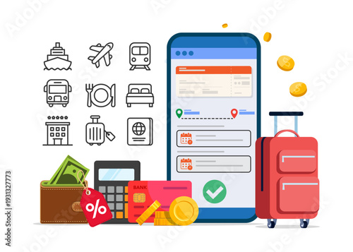 Online Travel Booking App with Suitcase and Icons Stock Illustration.