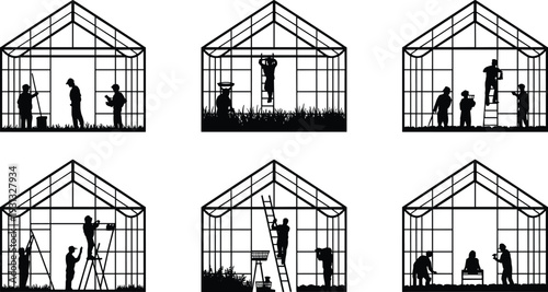 Greenhouse Farming Silhouette Collection, Gardeners Working Inside Glasshouse Structure Set, Black Vector Illustration Isolated