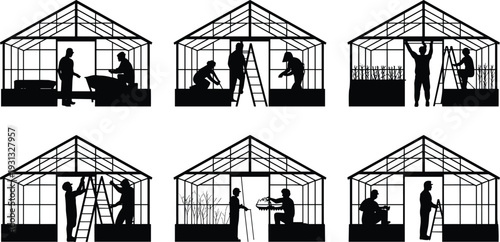 Greenhouse Gardening Silhouette Collection, Farmers Working Inside Glasshouse Structure Set, Black Vector Illustration Isolated