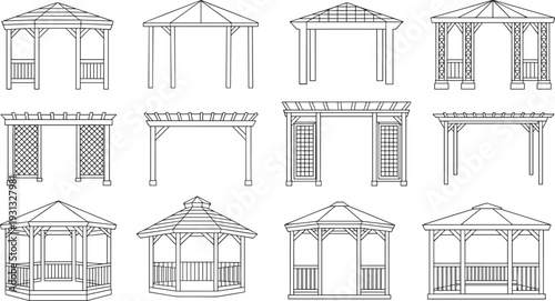 Gazebo and Pergola Structure Line Art Collection, Garden Pavilion Architectural Set, Outline Vector Illustration Isolated