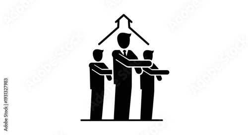 Three people under a house roof.