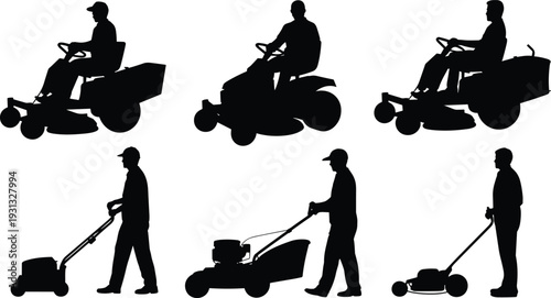 Lawn Mower and Gardener Silhouette Collection, Grass Cutting Maintenance Set, Black Vector Illustration Isolated
