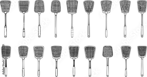 Hand-drawn collection of various fly swatters. Black and white sketch illustration set for pest control and insect repellent tools.