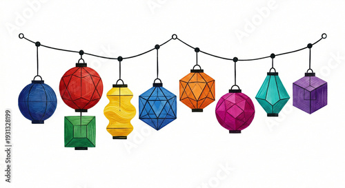 A long row of hanging lanterns with a painterly brushstroke effect, set against a plain white background.