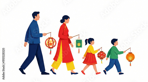 A family of four, each holding a lantern, walking together in the same direction against a plain white background.
