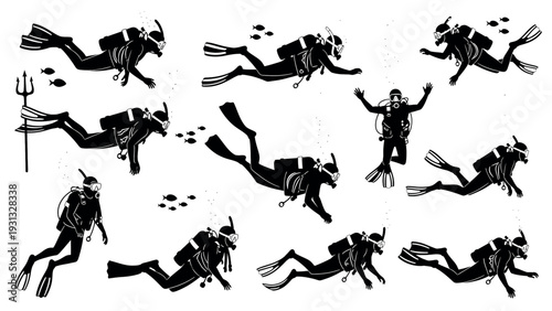 Collection of Scuba Divers in Various Underwater Poses.