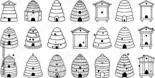Collection of Diverse Beehives Line Art Icons. Vector illustrations featuring various styles: traditional skeps, modern boxes, and rustic bee houses for beekeeping themes.